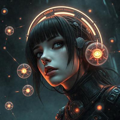 The primary subject of the image is a woman with a futuristic appearance. She is wearing a black outfit and has a headset on. The setting is a dark room with a backdrop of a starry sky. The visual style is digital art, and the colors and mood are dark and mysterious.